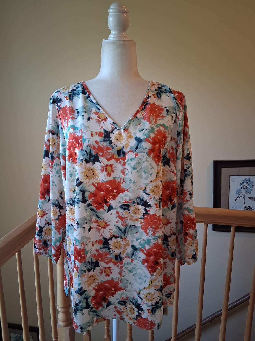 Mario Serrani Italy Floral V-Neck Blouse in Coral, Yellow, Teal & White